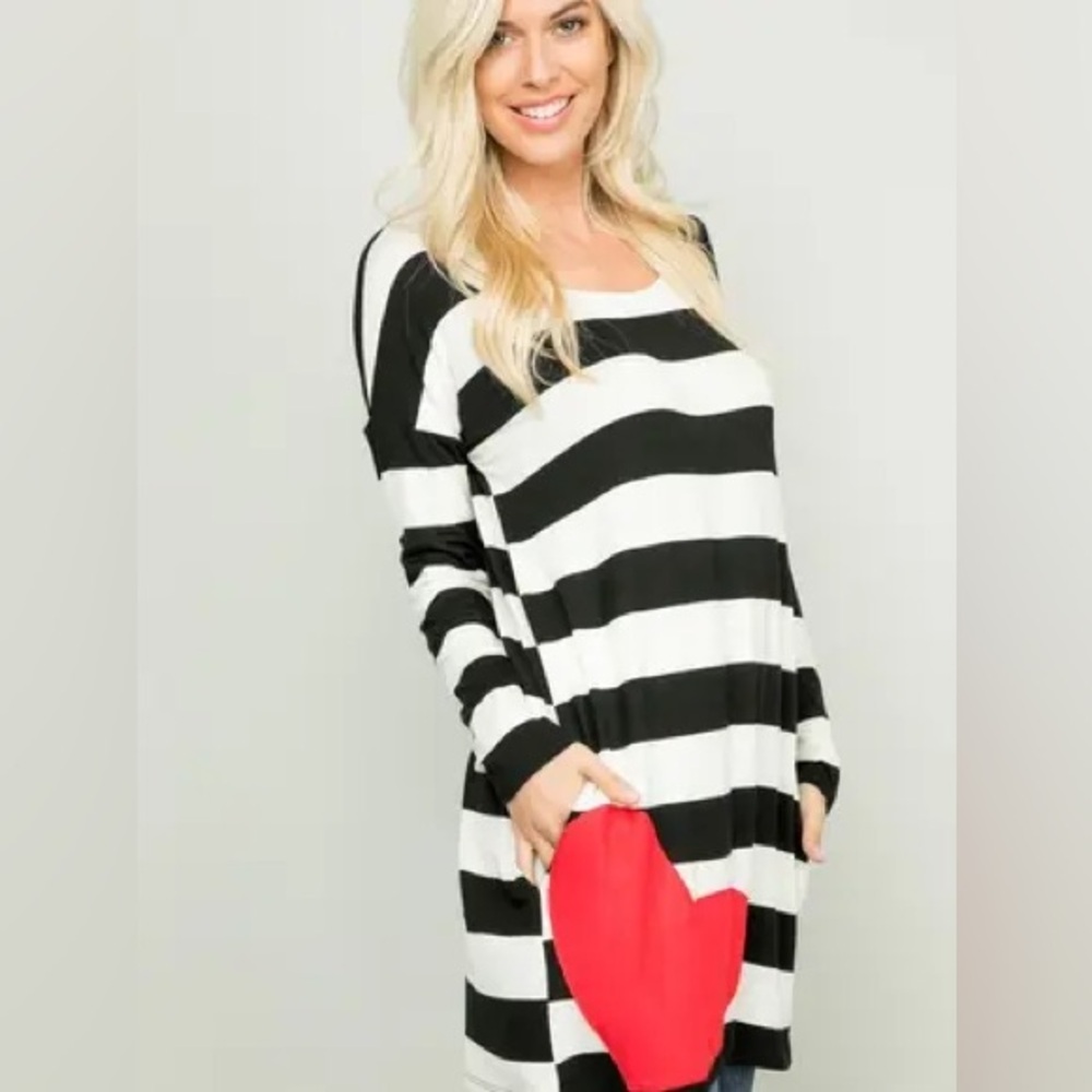 Red Heart accent with Black & Ivory Stripe Dress with pockets